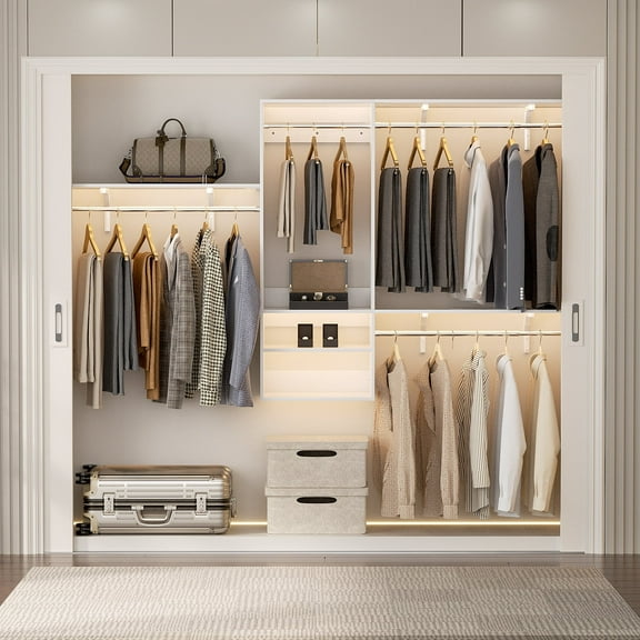 Homieasy 96'' Hanging Closet System, 8FT Closet Organizer System with Hanging Rod, Walk In Mounted Closet System, Built-In Clothes Garment Rack with 3 Shelving Towers(Can Be Cut To Fit), White