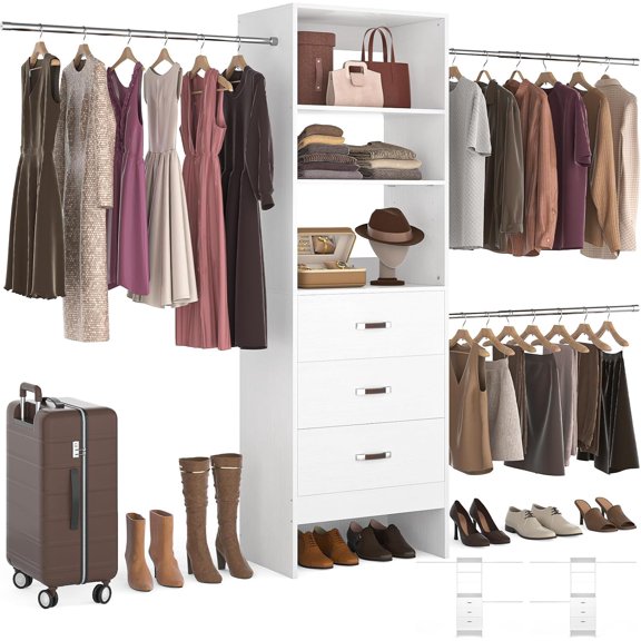 Homieasy 96 Inches Closet Organizer System, 8FT Customizable Walk In Closet Organizer with Hanging Rods, 3 Drawers Garment Rack with Leather Handle , 96" L x 16" W x 75" H, Max Load 1000 LBS, White