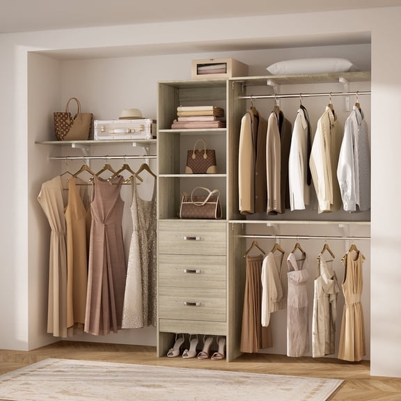Homieasy 20.2'' - 96'' W Closet System with Wooden Drawers and Hanging Rods(cut To Fit), White Oak