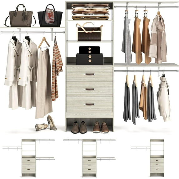 Homieasy 96 Inches Closet System, 8FT Walk In Closet Organizer with 3 Shelving Towers, Heavy Duty Clothes Rack with 3 Drawers, Built-In Garment Rack, 96" L x 16" W x 75" H, White Oak
