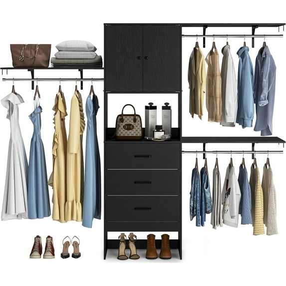 Homieasy 96'' Closet System with Doors, 8FT Walk In Closet Organizer with 3 Shelving Towers, Heavy Duty Garment Rack with 3 Wood Drawers, Black