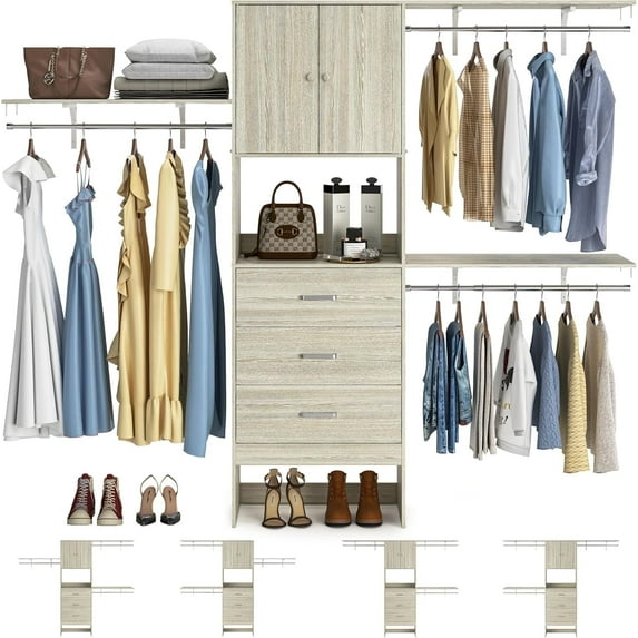 Homieasy 96 '' Closet Organizer System with Wood Drawers and Doors, 8FT Walk in Armoire Wardrobe Closet with 3 Shelving Towers, White Oak