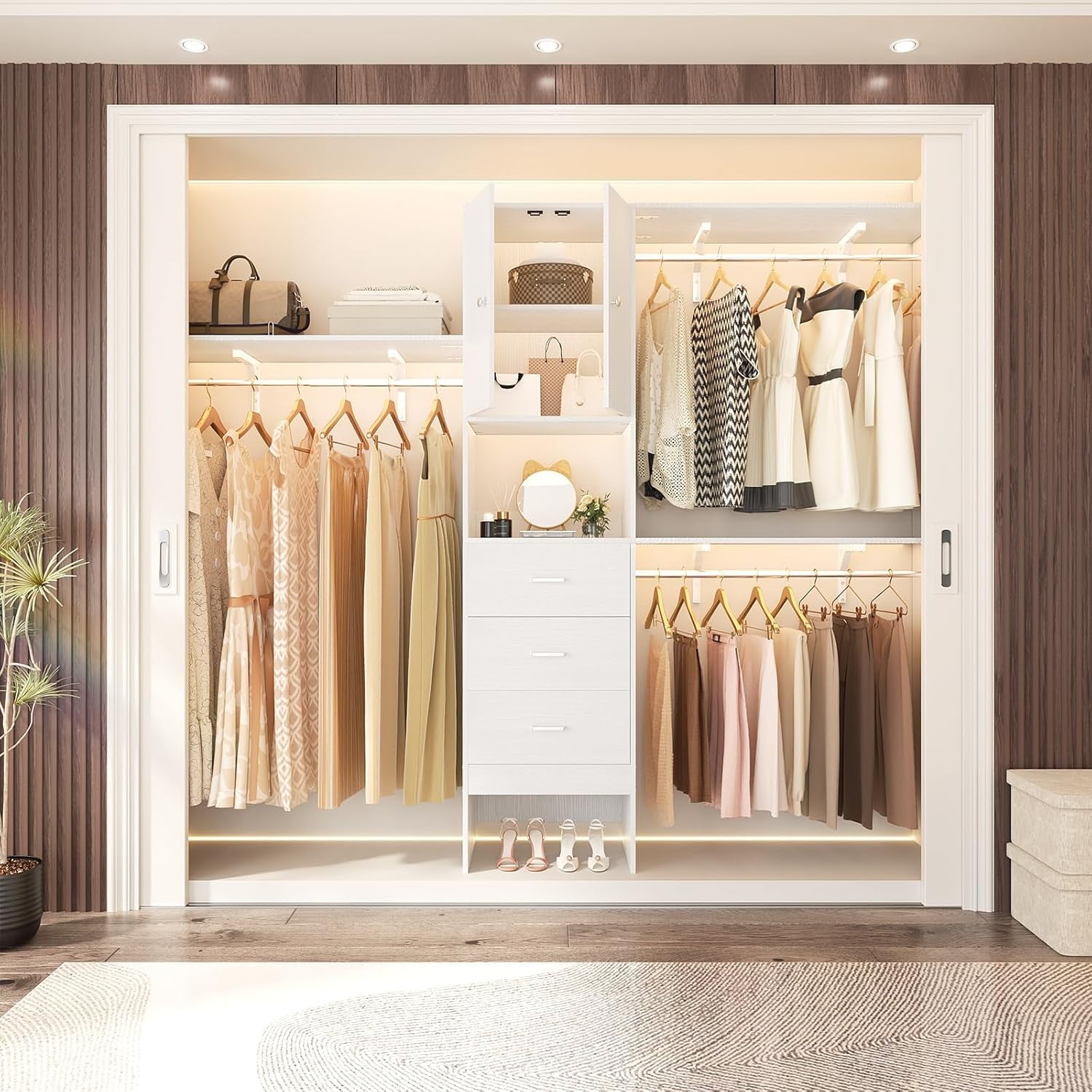 Homieasy Freestanding Closet System with Suitcase Storage, 40 Inches Stand-Alone Wardrobe with 2 Wood Drawers, 80'' Height Adjustable Cloth Garment Rack, Walk-in Closet with Hanging Rod, White Oak - Walmart.com Homieasy Freestanding Closet System with Suitcase Storage, 40 Inches Stand-Alone Wardrobe with 2 Wood Drawers, 80'' Height Adjustable Cloth Garment Rack, Walk-in Closet with Hanging Rod, White Oak - Walmart.com