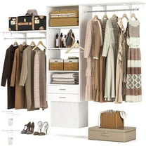 Homieasy 96'' Laundry Closet Organizer with Drawer, 8FT Wall Closet System with 2 Hanging Rods & Laundry Hamper, Sturdy Clothing Garment Rack with Adjustable Shelves, 1000 LBS Hold, White