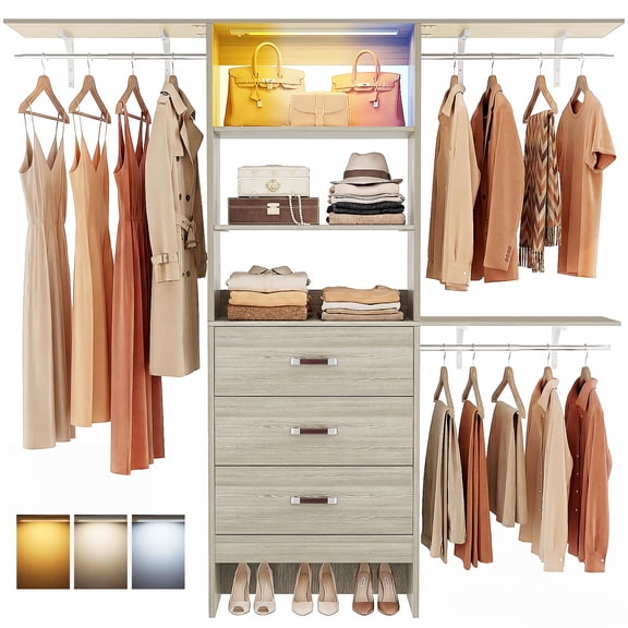 Homieasy 96" Wall Mounted Closet System with LED, Walk-In Style Wood Closet Organizer Cut to Fit 4-8FT with 3 Drawers & Top Shelf, 3 Hanging Rods, Heavy Duty 1000 LBS Storage, White oak
