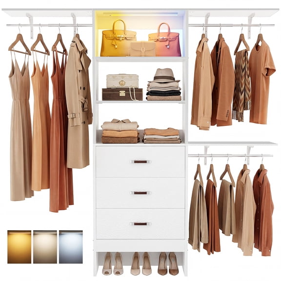 Homieasy 96" Wall Mounted Closet System with LED, Walk-In Style Wood Closet Organizer Cut to Fit 4-8FT with 3 Drawers & Top Shelf, 3 Hanging Rods, Heavy Duty 1000 LBS Storage, White