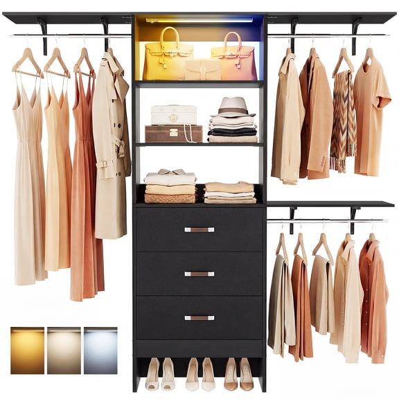 Homieasy 96" Wall Mounted Closet System with LED, Walk-In Style Wood Closet Organizer Cut to Fit 4-8FT with 3 Drawers & Top Shelf, 3 Hanging Rods, Heavy Duty 1000 LBS Storage, Black