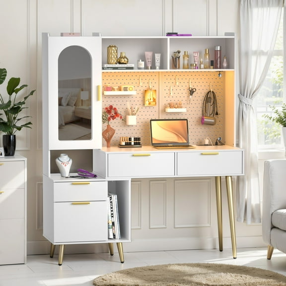 Homieasy 48" Makeup Vanity with Hutch, LED Lighted Mirror & Charging Station, 5 Large Drawers, Shelves, Pegboard & Cabinet Organizer, White