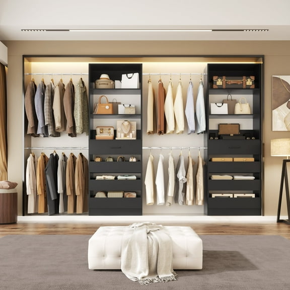 Homieasy Adjustable Closet Organizer System (6-15Ft) with 8 Wooden Drawers & Modular Tower ,Walk-In Wardrobe Storage with 4 Hanging Rods, Expandable Garment Rack,Black