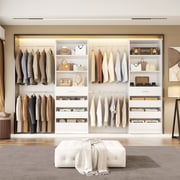 Homieasy Adjustable Closet Organizer System 6-15Ft with 8 Wooden Drawers & Modular Tower ,Walk-In Wardrobe Storage with 4 Hanging Rods, Expandable Garment Rack, White