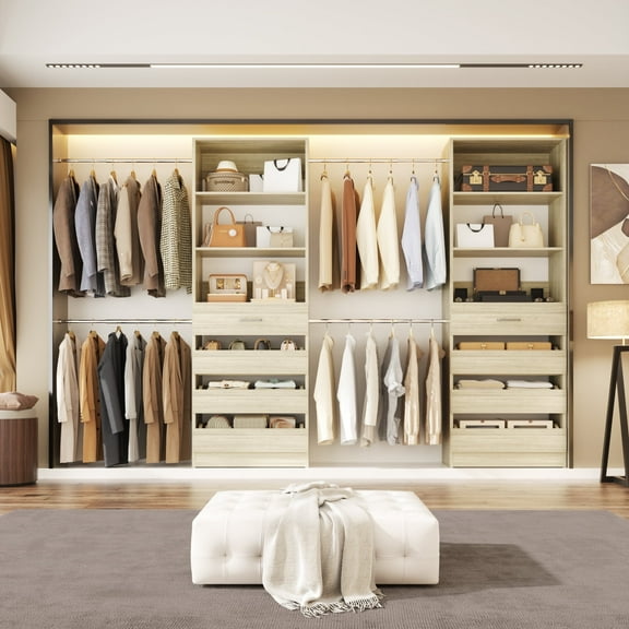 Homieasy Adjustable Closet Organizer System (6-15Ft) with 8 Wooden Drawers & Modular Tower ,Walk-In Wardrobe Storage with 4 Hanging Rods, Expandable Garment Rack, White Oak