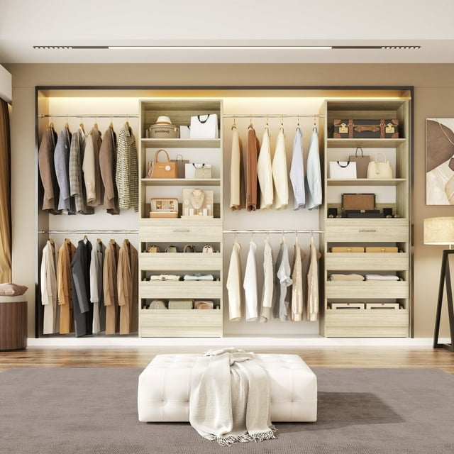 Homieasy Adjustable Closet Organizer System (6-15Ft) with 8 Wooden Drawers & Modular Tower ,Walk-In Wardrobe Storage with 4 Hanging Rods, Expandable Garment Rack, White Oak