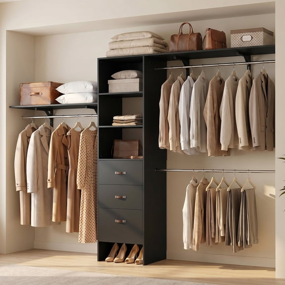 Homieasy 20.2 - 120 '' W Closet System with Wooden Drawers and Hanging Rods(cut To Fit),Black