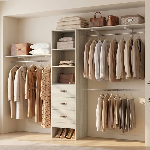 Homieasy 120'' Closet System, 10FT Walk In Closet Organizer with 3 Shelving Towers, Heavy Duty Clothes Rack with 3 Drawers, Built-In Garment Rack, White Oak