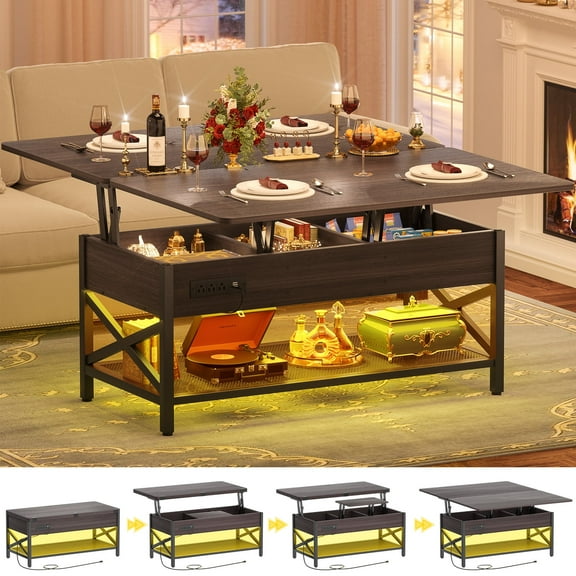 Homieasy Adjustable Height Lift-Top Coffee Table with LED Lighting & USB Power Outlet - Convertible Dining Table, Storage Center Table for Living Room, Home Office, Reception Area,Black Walnut
