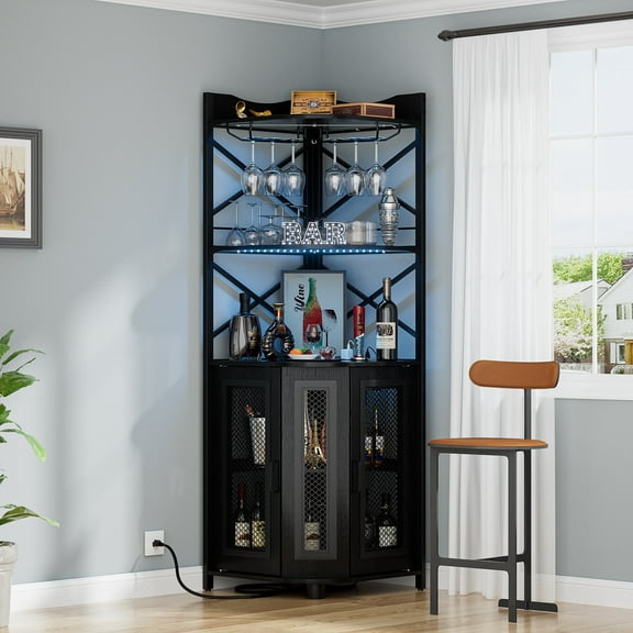 Homieasy Adjustable Industrial Wine Cabinet with LED Strip and Glass Holder, Wood and Steel Black
