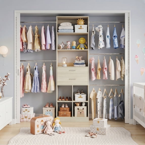 Homieasy Adjustable Small Closet System, 3.2-6.8FT Expandable Closet Organizer with 2 Wooden Drawers & 5 Heavy-Duty Hanging Rods, White Oak