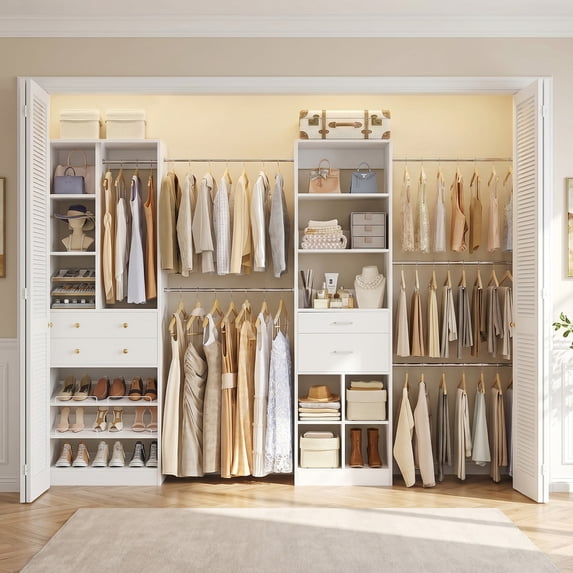 Homieasy Adjustable Walk-in Closet System, 10.7FT (72"-128.6") with 4 Wooden Drawers, 6 Hanging Rods, 3-Tier Shoe Rack & Grid Cubes, Heavy-Duty 1000LBS Capacity for Bedroom Organization,White