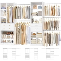 Homieasy Adjustable Walk-in Closet System, 10.7FT (72"-128.6") with 4 Wooden Drawers, 6 Hanging Rods, 3-Tier Shoe Rack & Grid Cubes, Heavy-Duty 1000LBS Capacity for Bedroom Organization，White