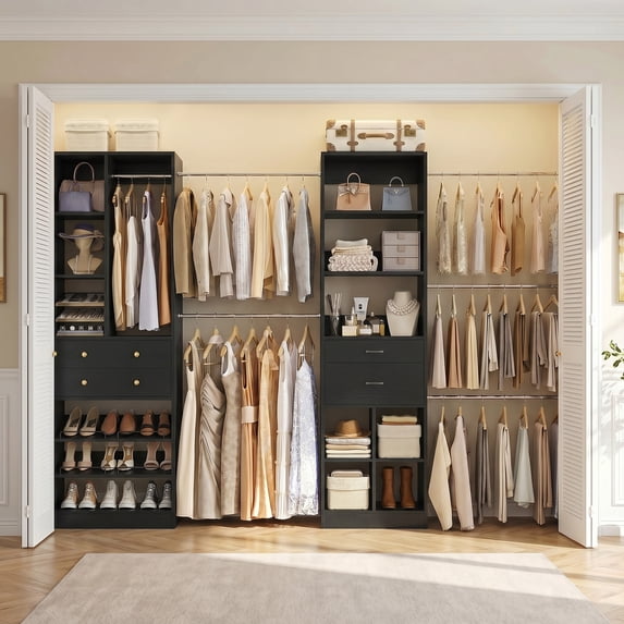 Homieasy Adjustable Walk-in Closet System, 10.7FT (72"-128.6") with 4 Wooden Drawers, 6 Hanging Rods, 3-Tier Shoe Rack & Grid Cubes, Heavy-Duty 1000LBS Capacity for Bedroom Organization,Black