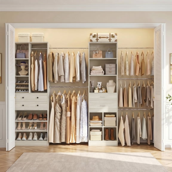 Homieasy Adjustable Walk-in Closet System, 10.7FT (72"-128.6") with 4 Wooden Drawers, 6 Hanging Rods, 3-Tier Shoe Rack & Grid Cubes, Heavy-Duty 1000LBS Capacity,White Oak
