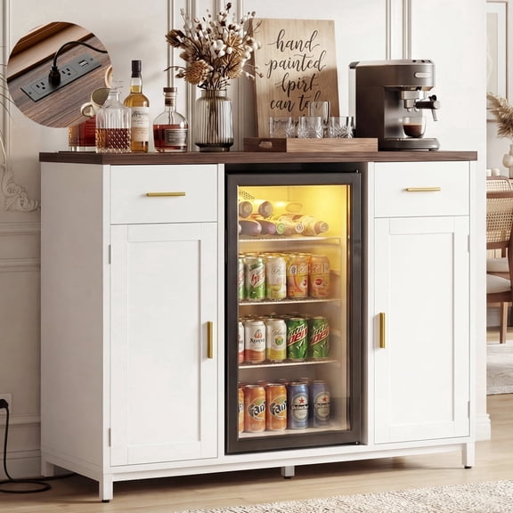 Homieasy All-in-One Coffee Bar Cabinet with Mini Fridge Space & Power Outlet - Buffet Sideboard for Kitchen & Dining Room,Brown and White