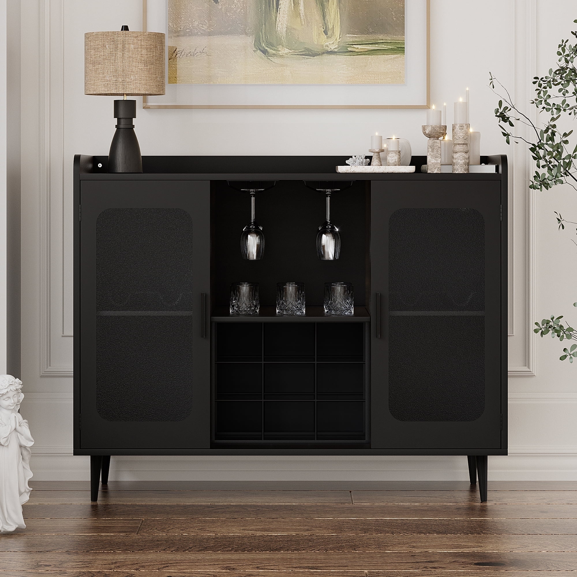 Homieasy Assembled Wine Bar Cabinet with Power Outlet and LED Lights, Wood Black