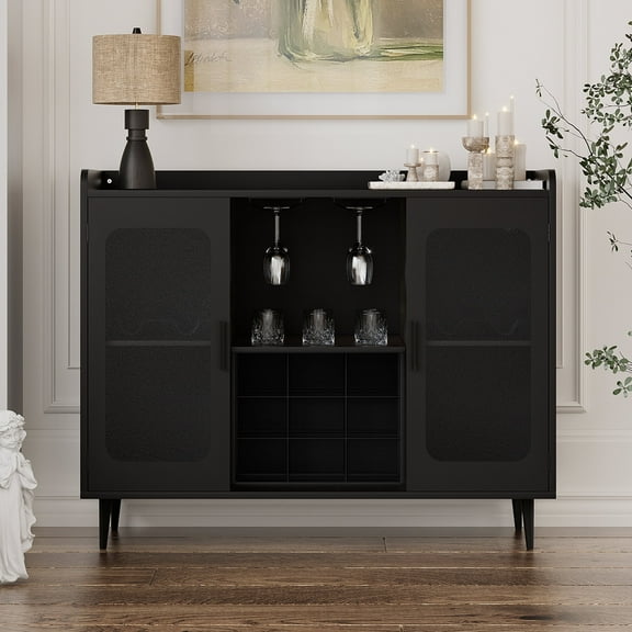 Homieasy Assembled Wine Bar Cabinet with Power Outlet and LED Lights, Wood Black