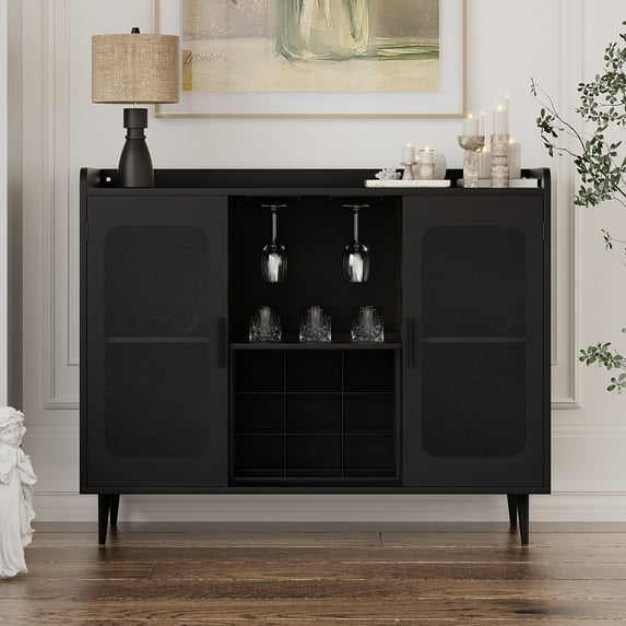 Homieasy Assembled Wine Bar Cabinet with Power Outlet and LED Lights, Wood Black