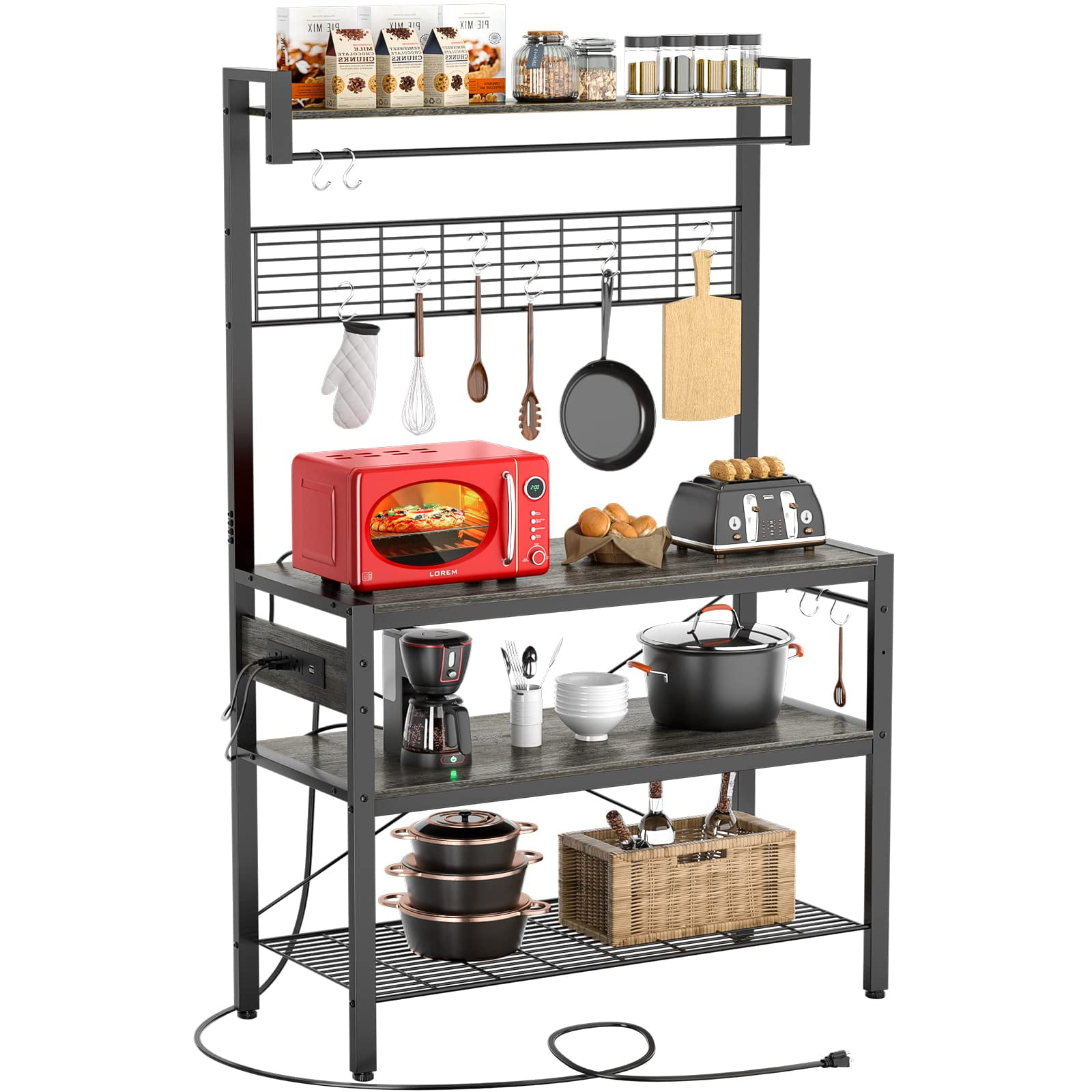 Hommoo Multipurpose Kitchen Storage Rack, Kitchen Baker’s Rack with Power  Outlet, Storage Microwave Stand Coffee Bar Station, Rustic Brown