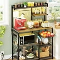 thumbnail image 1 of Homieasy Bakers Rack with Power Outlet and LED light strings, Microwave Oven Stand Kitchen Storage Shelf with Wire Basket, Coffee Bar Station Island table with 10 hooks for Spices, Pots, Black Oak, 1 of 9