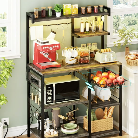 Homieasy Bakers Rack with Power Outlet and LED light strings, Microwave Oven Stand Kitchen Storage Shelf with Wire Basket, Coffee Bar Station Island table with 10 hooks for Spices, Pots, Black Oak