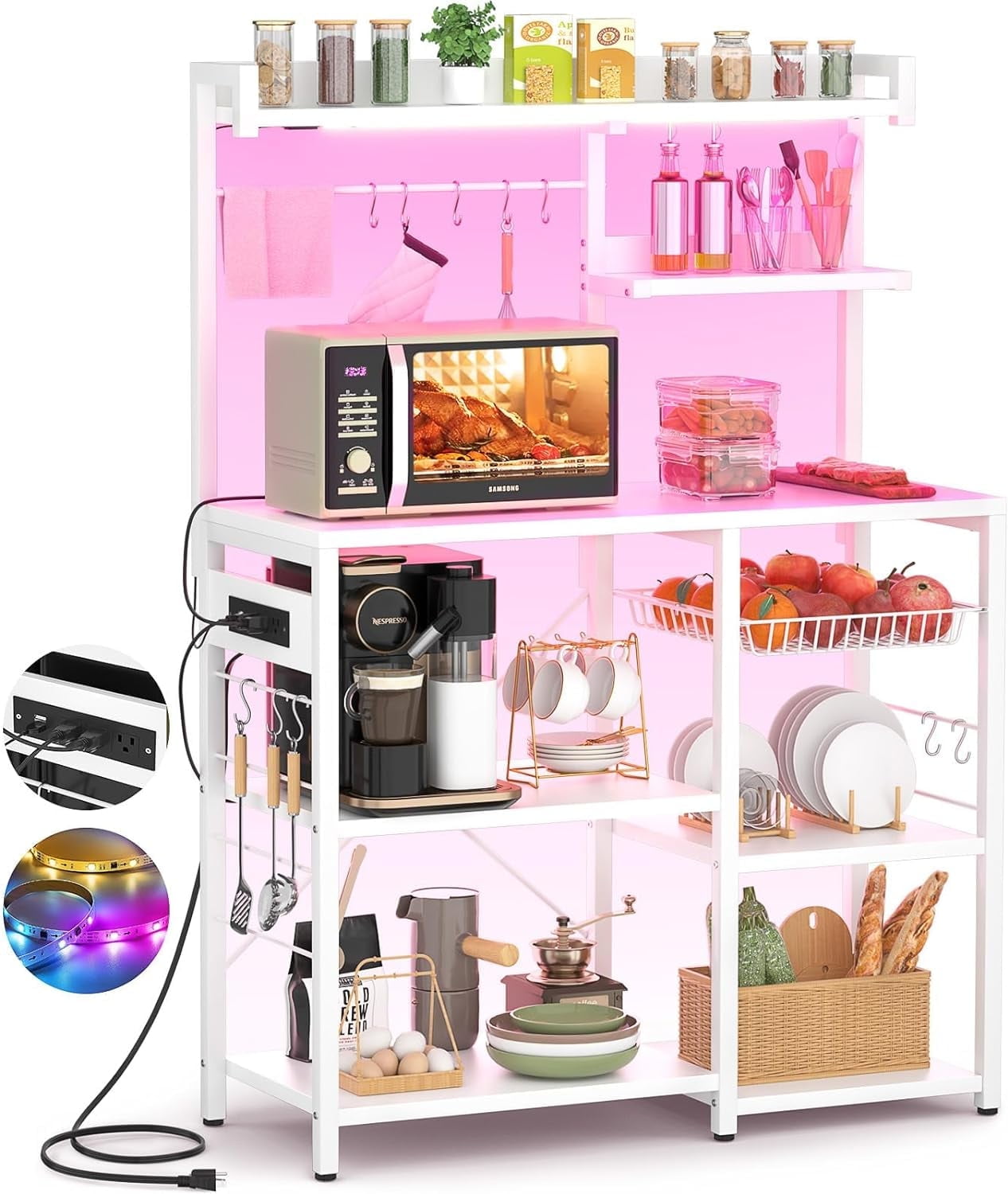 Homieasy Bakers Rack with Power Outlet and LED light strings, Microwave ...