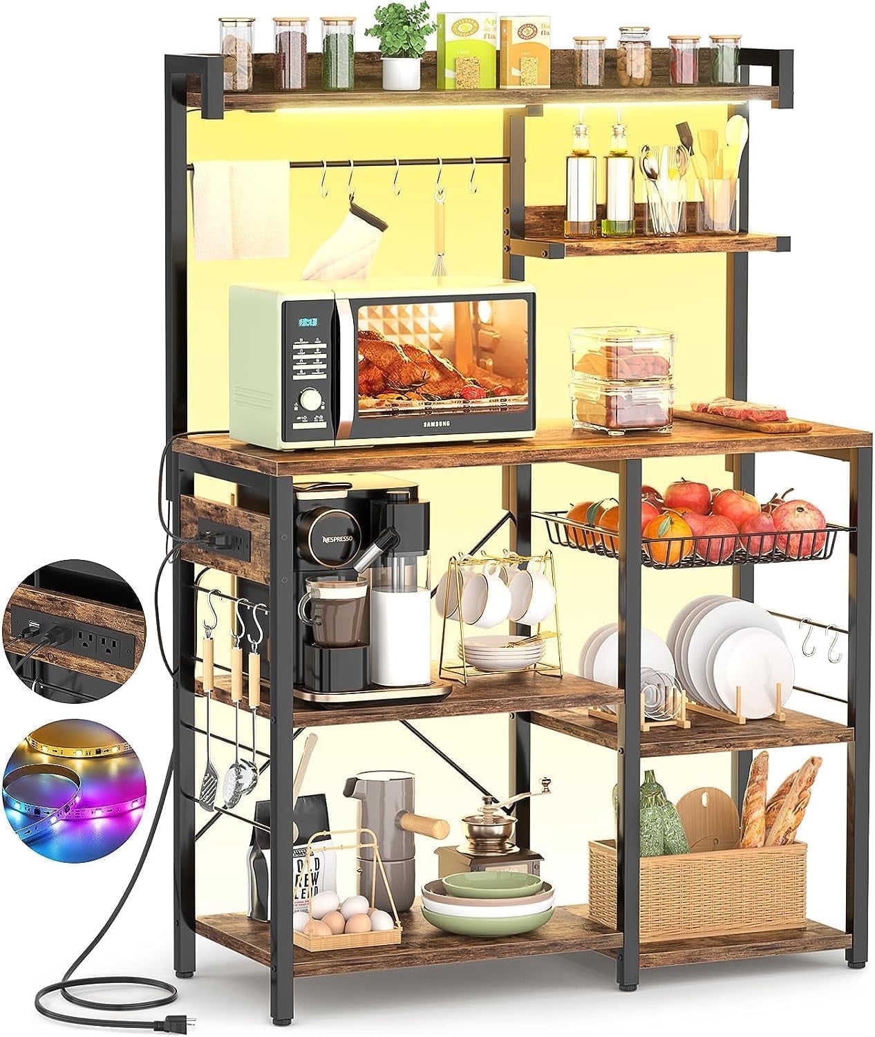 Homieasy Bakers Rack with Power Outlet and LED light strings, Microwave ...