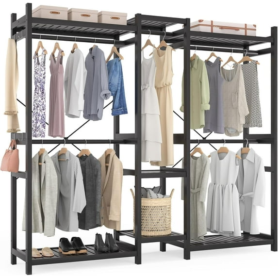 Homieasy Bamboo Closet System Clothes Rack, Large Freestanding Garment Rack Clothing Rack for Hanging Clothes with 7 Storage Shelves and 5 Rods, Open Wardrobe Organizer with 4 Hooks, Black