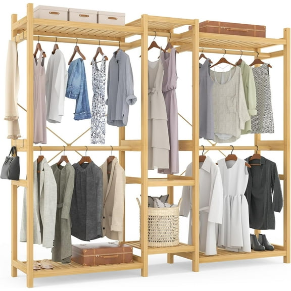 Homieasy Bamboo Closet System Clothes Rack, Large Freestanding Garment Rack Clothing Rack for Hanging Clothes with 7 Storage Shelves and 5 Rods, Open Wardrobe Organizer with 4 Hooks, Natural