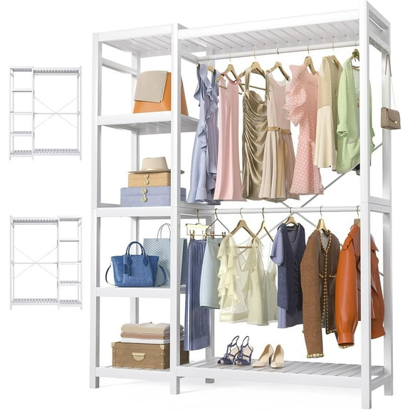 Homieasy Bamboo Clothes Rack Garment Rack for Hanging Clothes, Heavy Duty Clothing Rack with 7 Tiers Adjustable Shelves, Double Rods, 4 Hooks, Freestanding Closet System Organizer Wardrobe, White