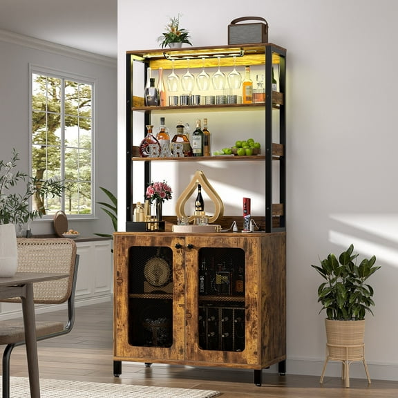 Homieasy Bar Cabinet with Power Outlets, 67" Tall Wine Cabinet Liquor Cabinet with LED Lights and Glass Holder, Coffee Bar Station for Kitchen, Dining Room, Living Room, Rustic Brown