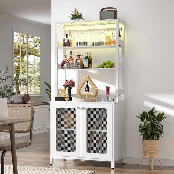 Homieasy Bar Cabinet with Power Outlets, 67" Tall Wine Cabinet Liquor Cabinet with LED Lights and Glass Holder, Coffee Bar Station for Kitchen, Dining Room, Living Room, White