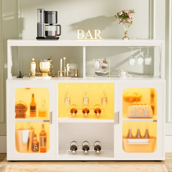 Homieasy Bar Cabinet with Power Outlets, Liquor Cabinet with Led Lights and Glass Holder, Storage Buffet Cabinet Coffee Bar Cabinet for Liquor, Wine Cabinet with Racks, White