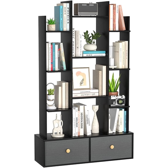 Homieasy Book Shelf with 2 Drawers Free Standing Bookcase, Office Storage Shelf Organizer with 12 Open Bookshelf, Industrial Wood Book Case Display Rack, Black