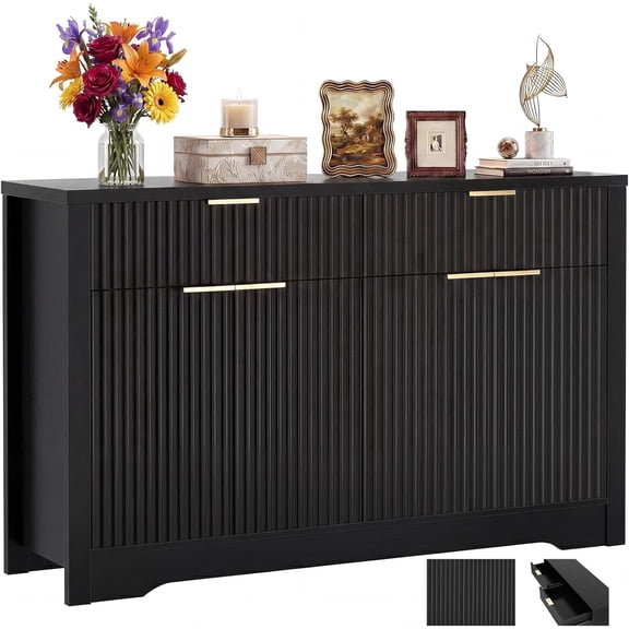 Homieasy Buffet Cabinet with Storage, 55" Fluted Sideboard Buffet with Drawers, Modern Sideboard with Adjustable Shelves, Black