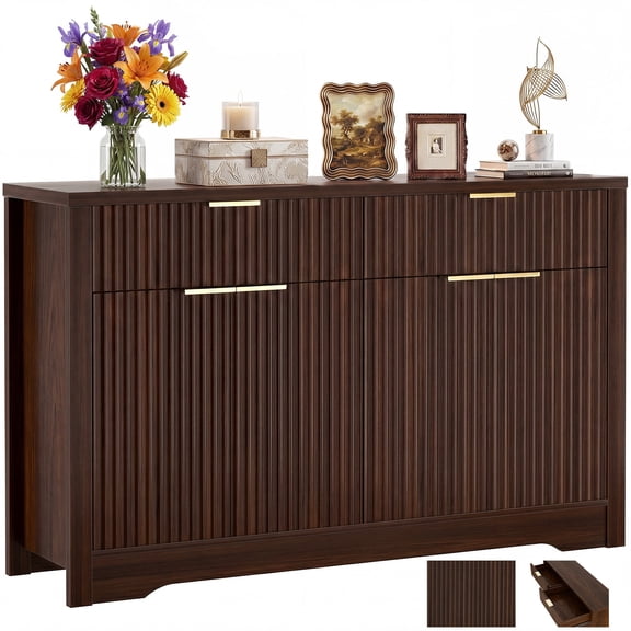 Homieasy Buffet Cabinet with Storage, 55" Fluted Sideboard Buffet with Drawers, Modern Sideboard with Adjustable Shelves, Walnut