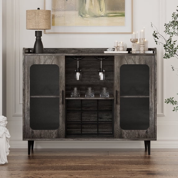 Homieasy Cabinet Bar with Power Outlet & LED Light, Wine Bar Cabinet with Wine and Glasses Rack, Home Coffee Bar Cabinet, Buffet Sideboard with Storage shelf for Kitchen, Dining Room, Black Oak