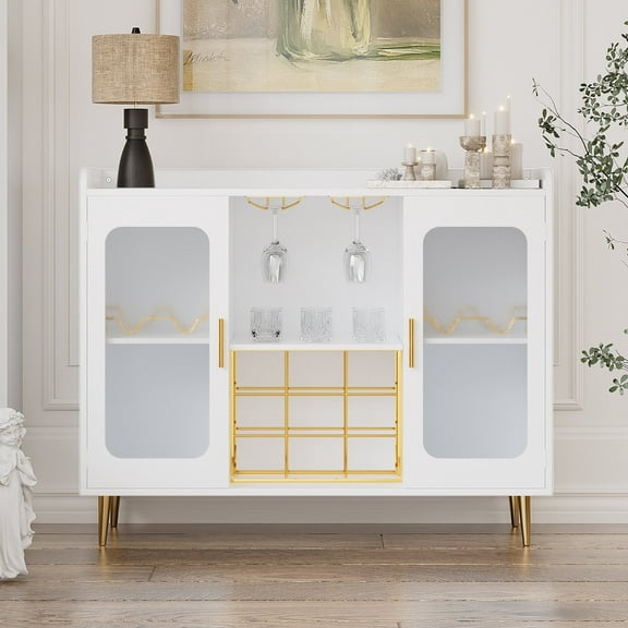 Homieasy Cabinet Bar with Power Outlet & LED Light, Wine Bar Cabinet with Wine and Glasses Rack, Home Coffee Bar Cabinet, Buffet Sideboard with Storage shelf for Kitchen, Dining Room, White
