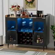 Homieasy Cabinet Bar with Power Outlet & LED Light, Wine Bar Cabinet with Wine and Glasses Rack, Home Coffee Bar Cabinet, Buffet Sideboard with Storage shelf for Kitchen, Dining Room, Black