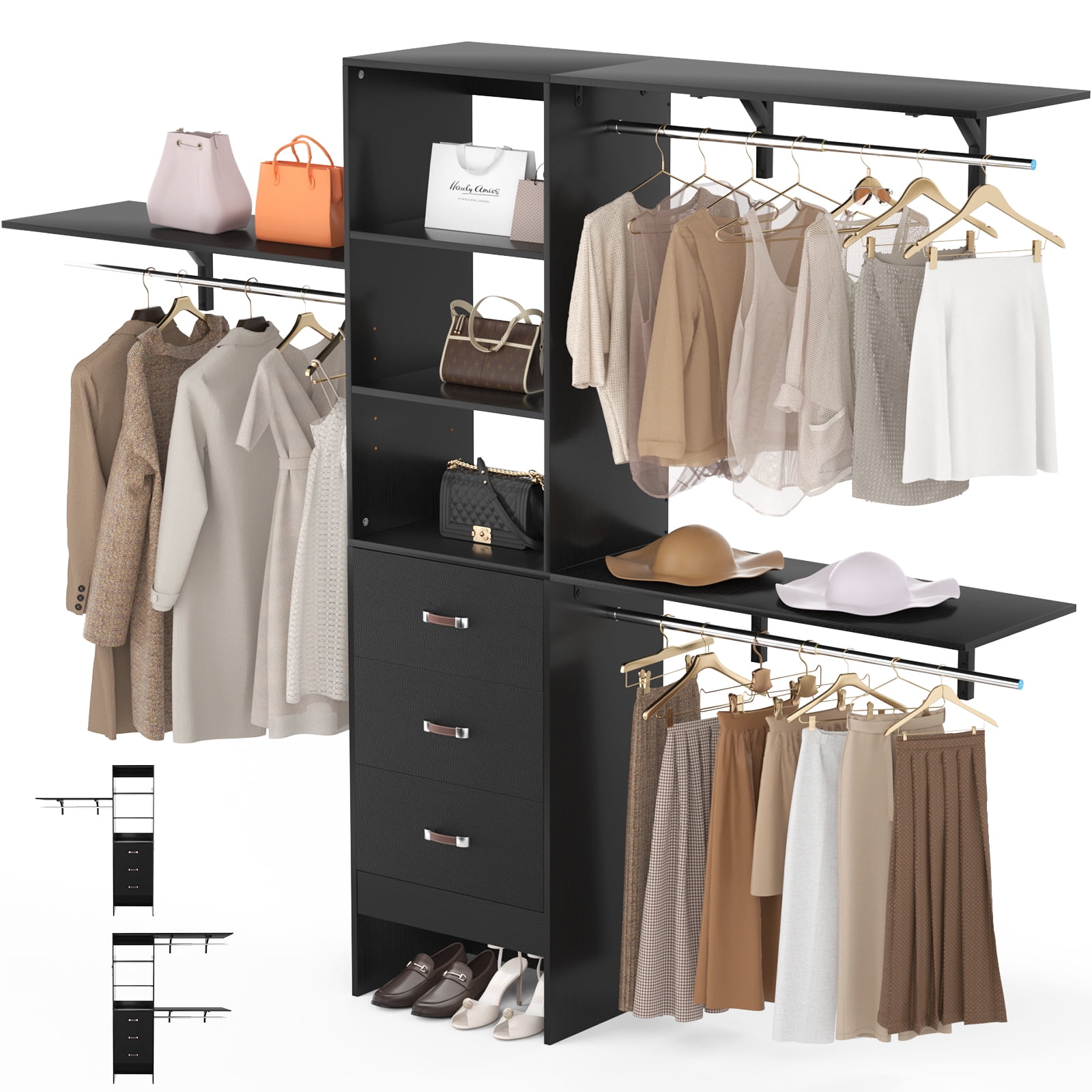 Homieaay Large Closet System, Heavy Duty Clothes Rack with 3 Wood Drawers, Walk  in Closet Organizer with 11 Shelves for Checkroom, Bedroom, 74 L x 17.5 W  x 83.5 H, Max Load