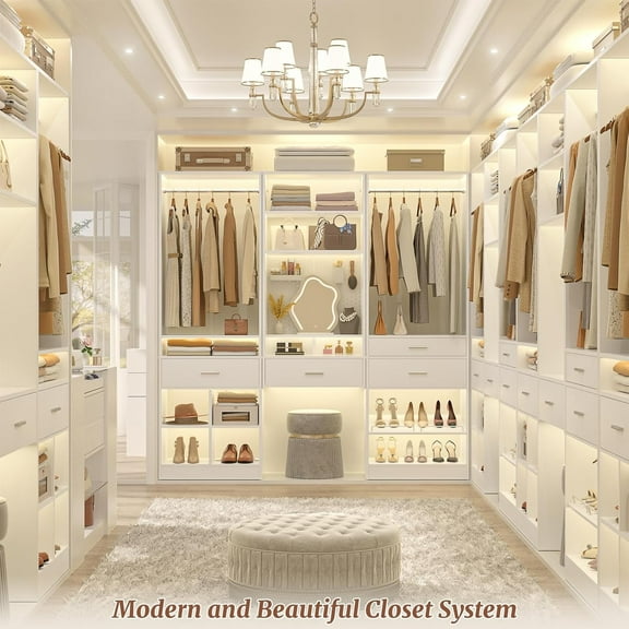 Homieasy Closet System with Wooden Drawers, Adjustable Angled Shoe Rack, Sturdy Garment Rack, Walk-in Closet Organizers, White