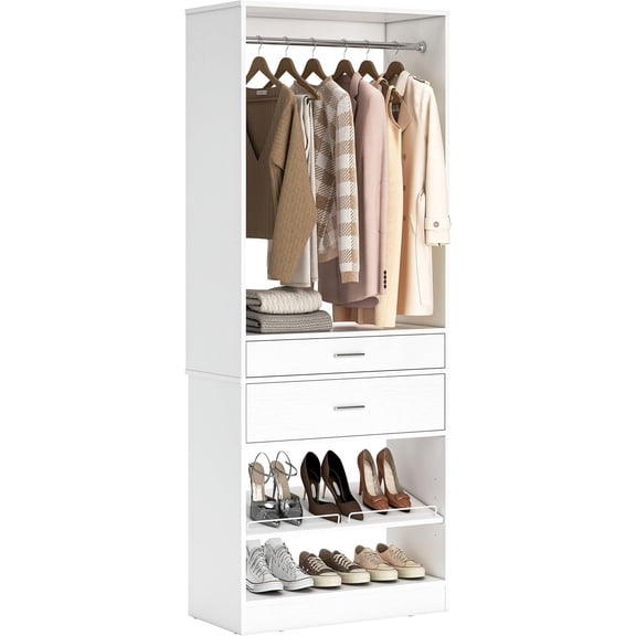 Homieasy Closet System with Wooden Drawers, Adjustable Angled Shoe Rack, Sturdy Garment Rack, Walk-in Closet Organizers, White