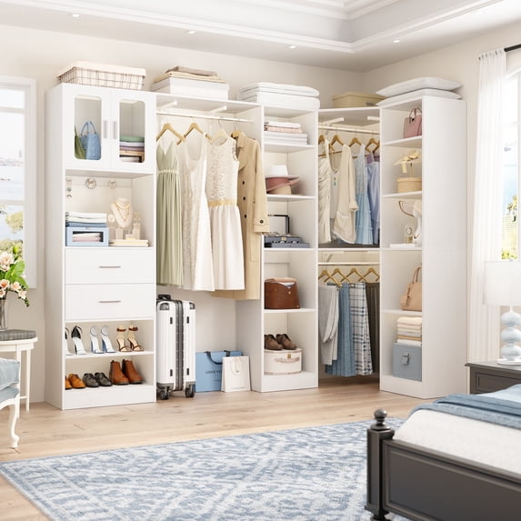 Homieasy Closet System, 100" x 39.2" Heavy Duty L-Shaped Closet Organizer System with Drawers & Cabinet, Corner Closet Organizer Unit, White